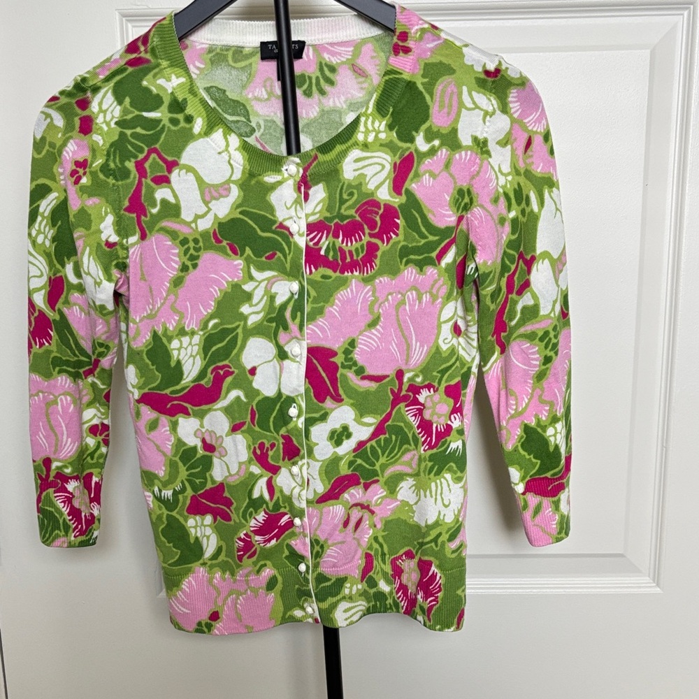 Women’s Pink Green Floral Cardigan Size SP Cotton Blend